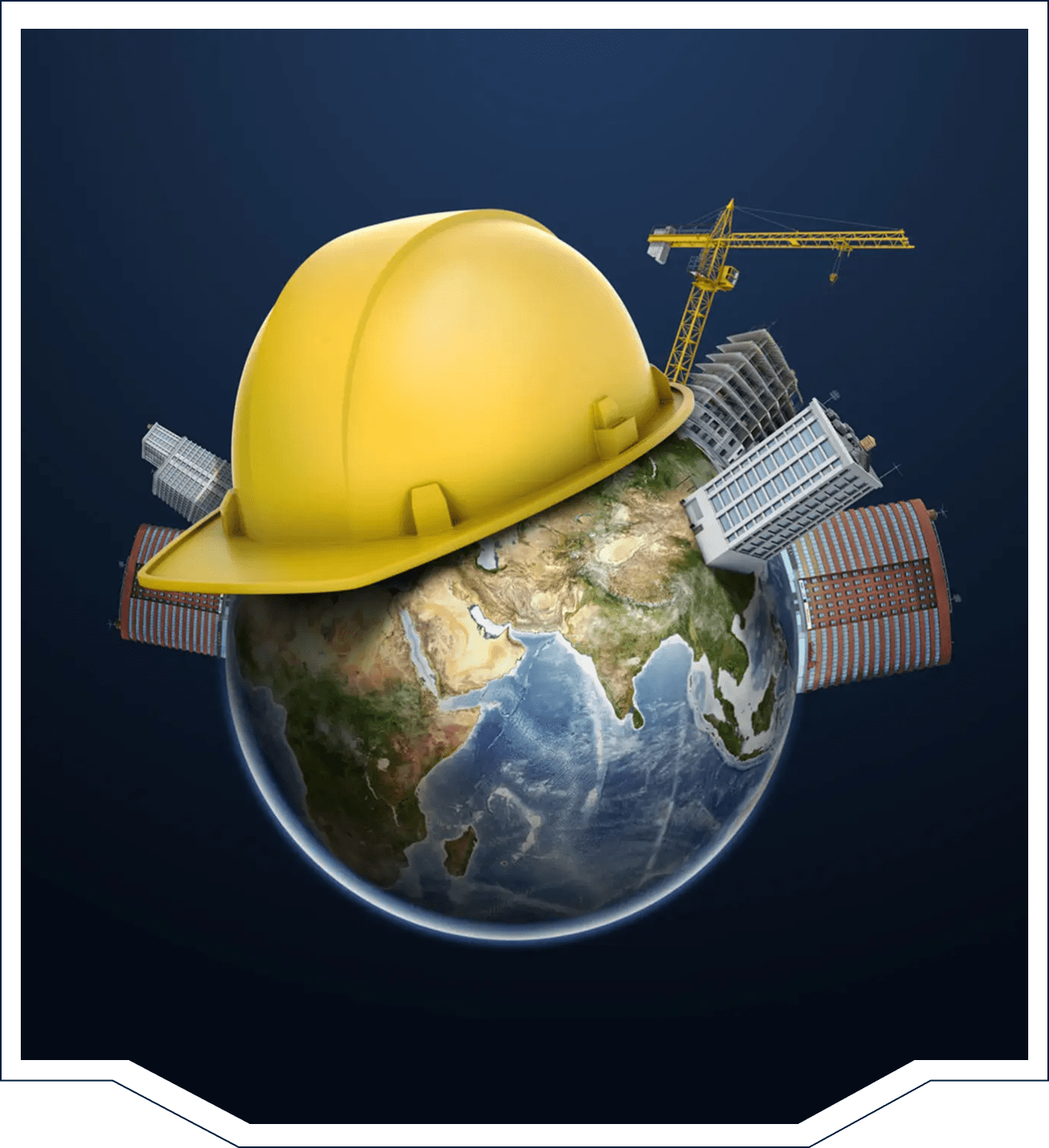 Earth with yellow hard hat and buildings.